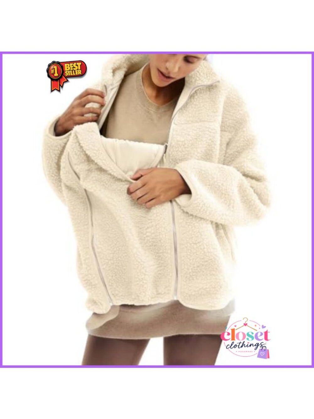 YEMORCH Maternity Winter Coat Fleece Sherpa Zip-Up Mom Jacket